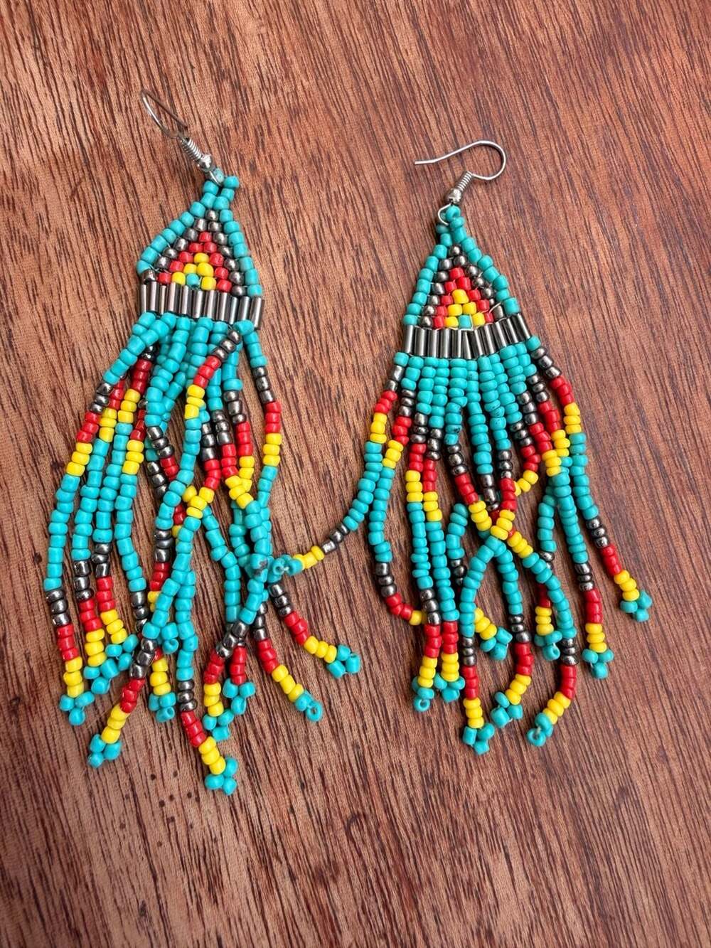 Boho Rainbow Long Beaded Fringe Hippie Western Native Turquoise Tassel Earrings